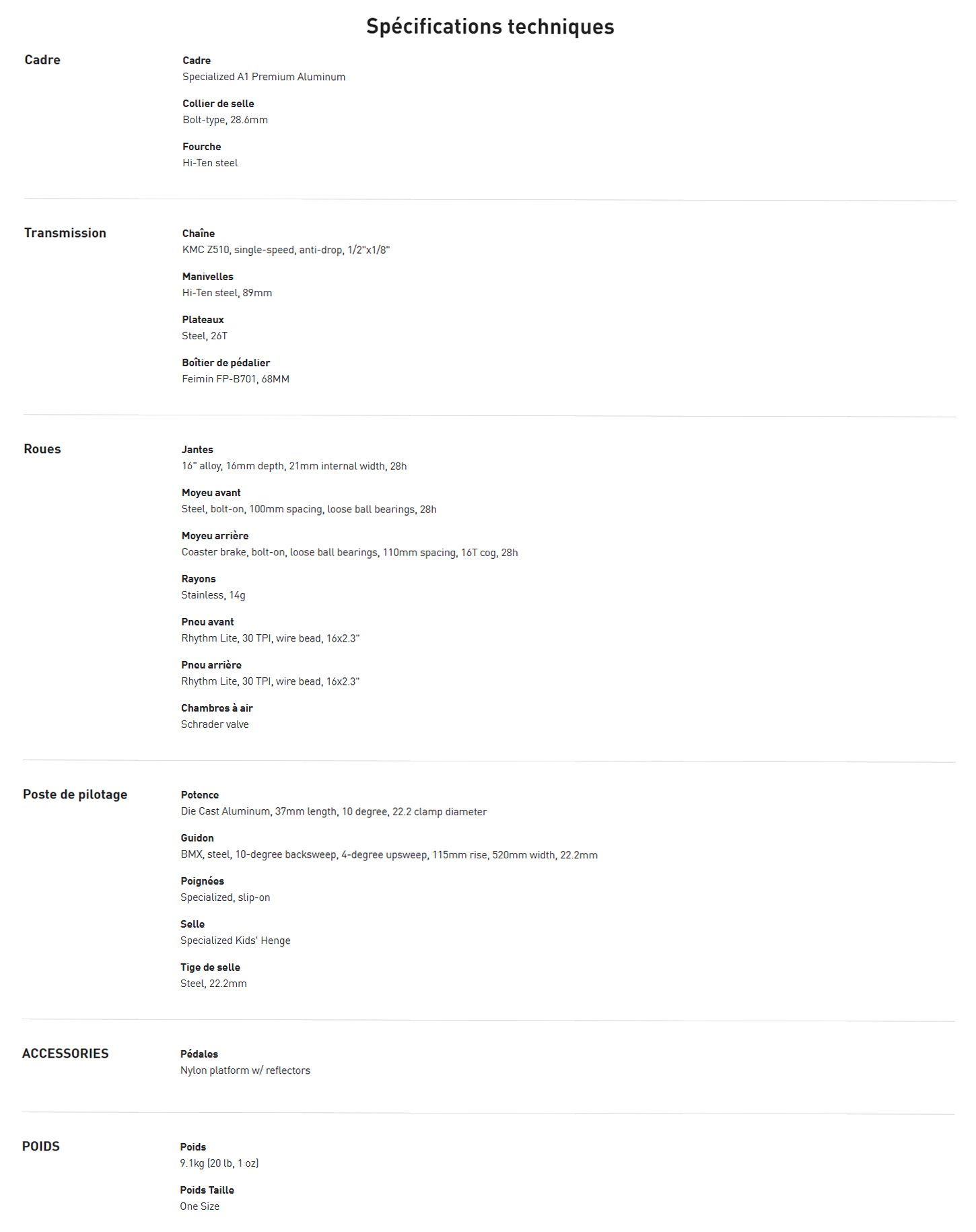 Caracteristique technique du vélo Riprock Coaster 16 année 2026